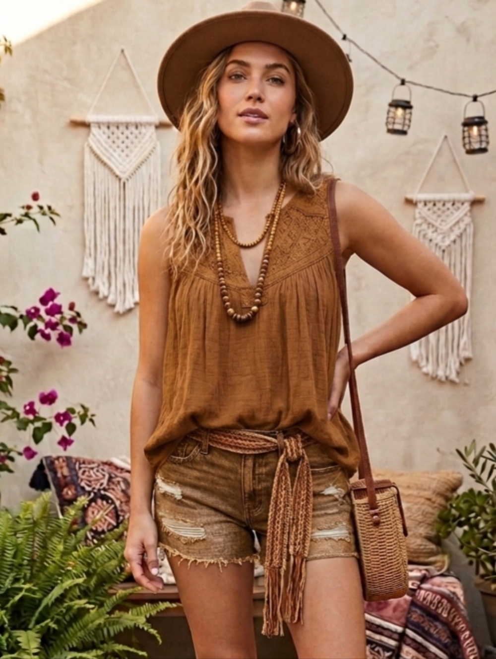 American Eagle Outfitters Brown Crochet Yoke Sleeveless Tank
